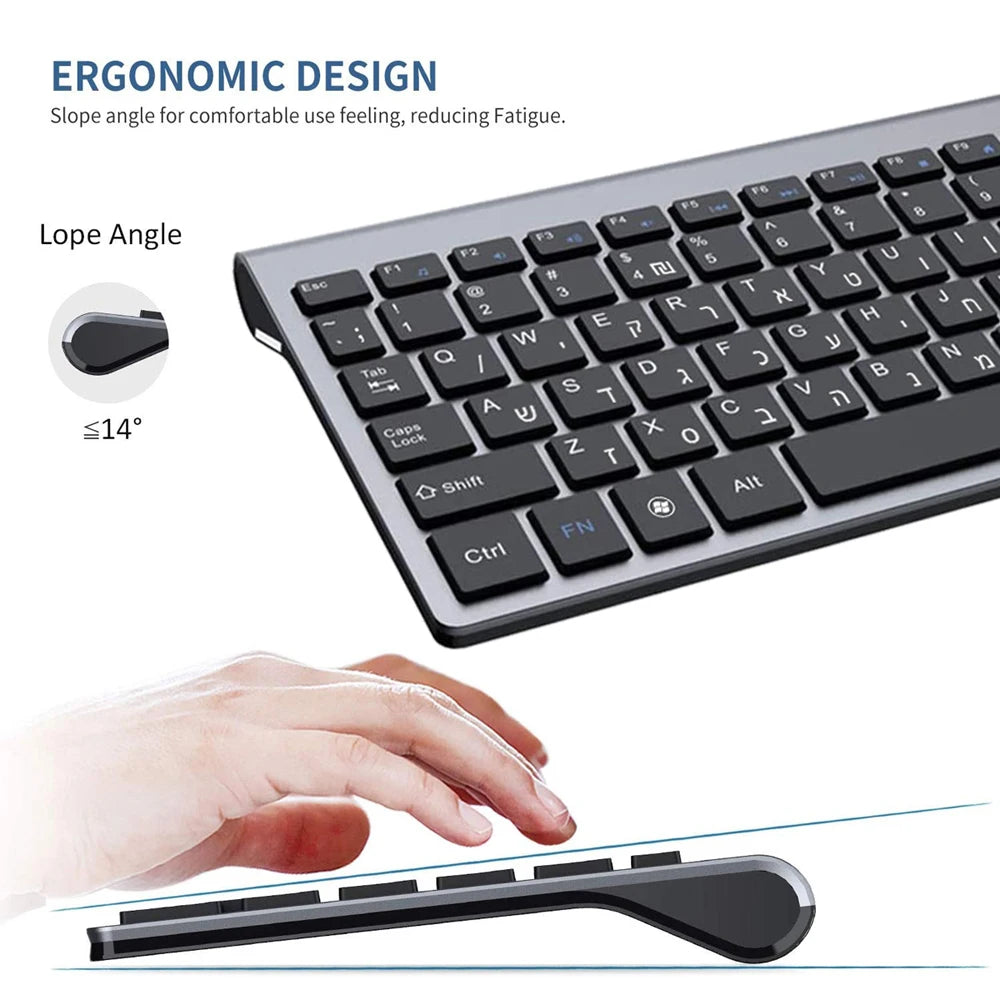 Israel Hebrew Wireless Keyboard Mouse Combos Ultra-Thin Multimedia Full-Size Keyboard and Mouse Low Noise for Notebook Laptop